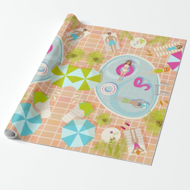 Bikini-Girls und Typ spielen Schwimmbadspiel Geschenkpapier (Ungerollt)