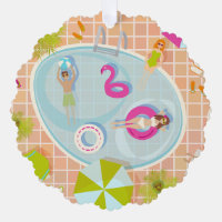 Bikini-Girls und Typ spielen Schwimmbadspiel