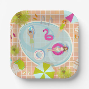Bikini-Girls und Typ spielen Schwimmbadspiel Pappteller