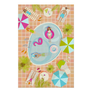 Bikini-Girls und Typ spielen Schwimmbadspiel Poster