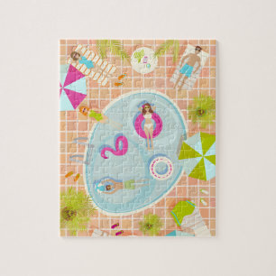 Bikini-Girls und Typ spielen Schwimmbadspiel Puzzle