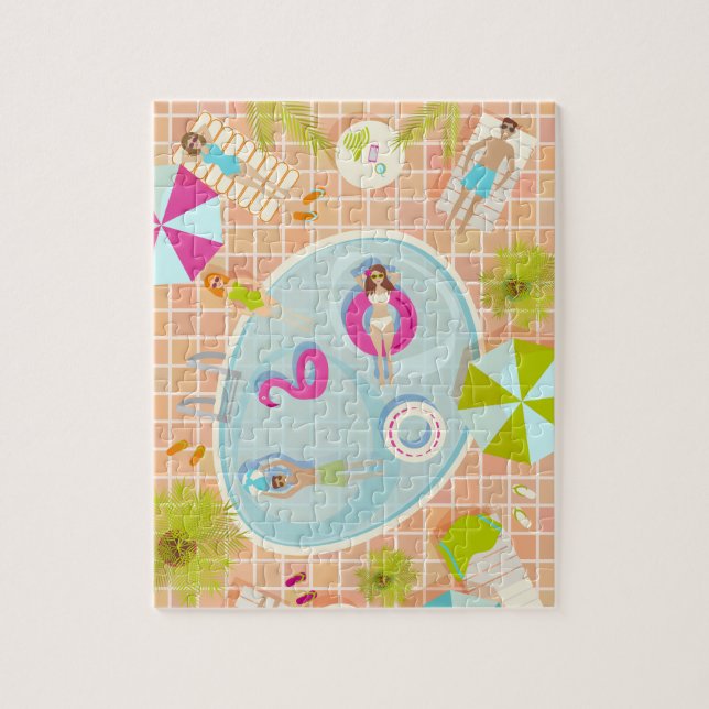 Bikini-Girls und Typ spielen Schwimmbadspiel Puzzle (Vertikal)