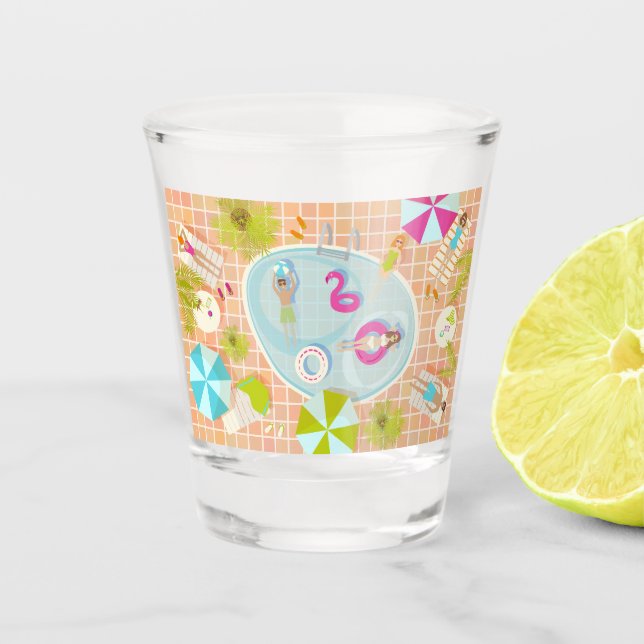 Bikini-Girls und Typ spielen Schwimmbadspiel Schnapsglas (Vorderseite)