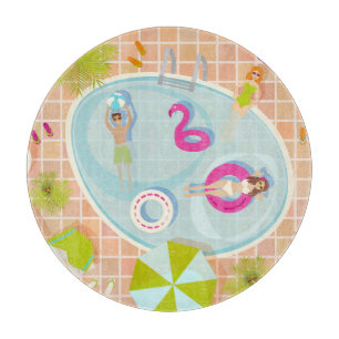 Bikini-Girls und Typ spielen Schwimmbadspiel Schneidebrett