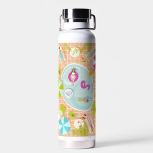 Bikini-Girls und Typ spielen Schwimmbadspiel Trinkflasche