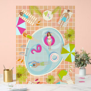 Bikinimädchen und Jungs spielen ein Schwimmbadspie Acrylschild