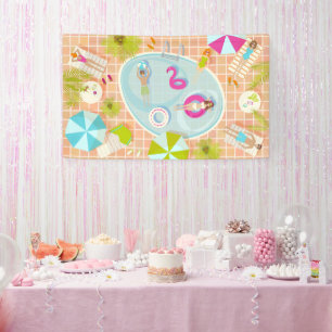 Bikinimädchen und Jungs spielen ein Schwimmbadspie Banner