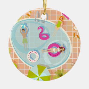Bikinimädchen und Jungs spielen ein Schwimmbadspie Keramik Ornament