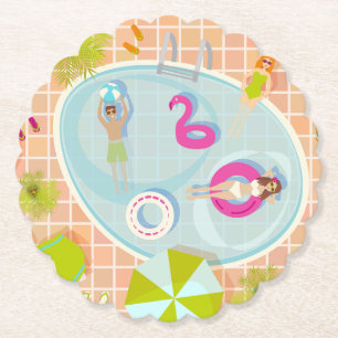 Bikinimädchen und Jungs spielen ein Schwimmbadspie Untersetzer