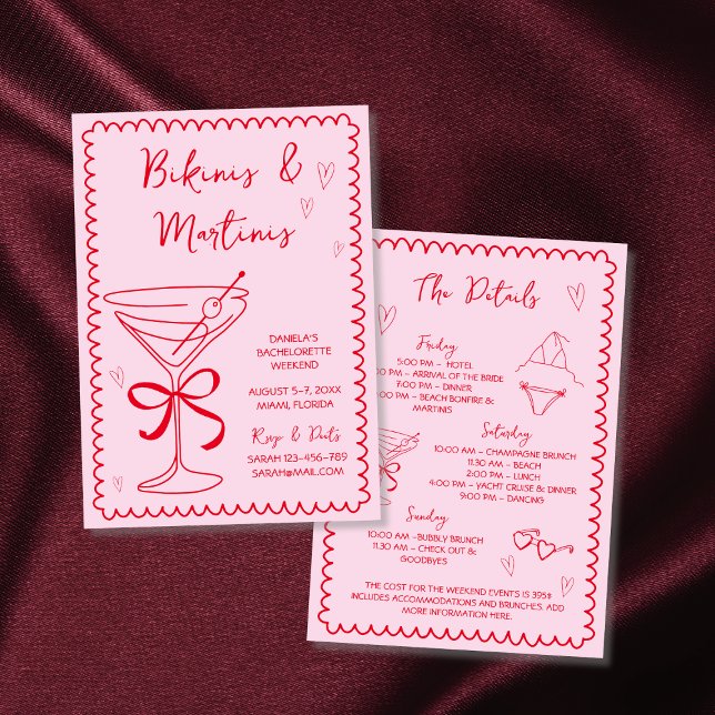 Bikinis & Martinis Hand Drawn Bachelorette Wochene Einladung (Bikinis & Martinis Hand Drawn Bachelorette Weekend Invitation Pink And Red Illustared Scribble)