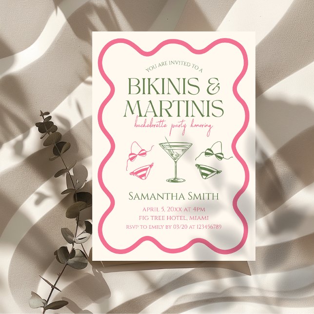 Bikinis & Martinis Junggeselinnen-Abschied Handgez Einladung (bikinis & martinis bachelorette party invitation pink and green wavy frame)