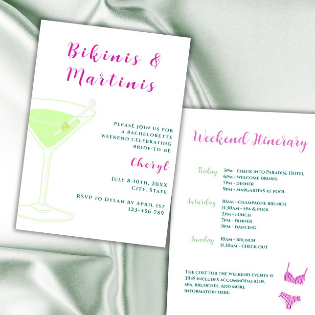 Bikinis und Martinis Bachelorette Wochenende Einladung (bikinis and martinis bachelorette party invitation vibrant pink and green weekend itinerary)