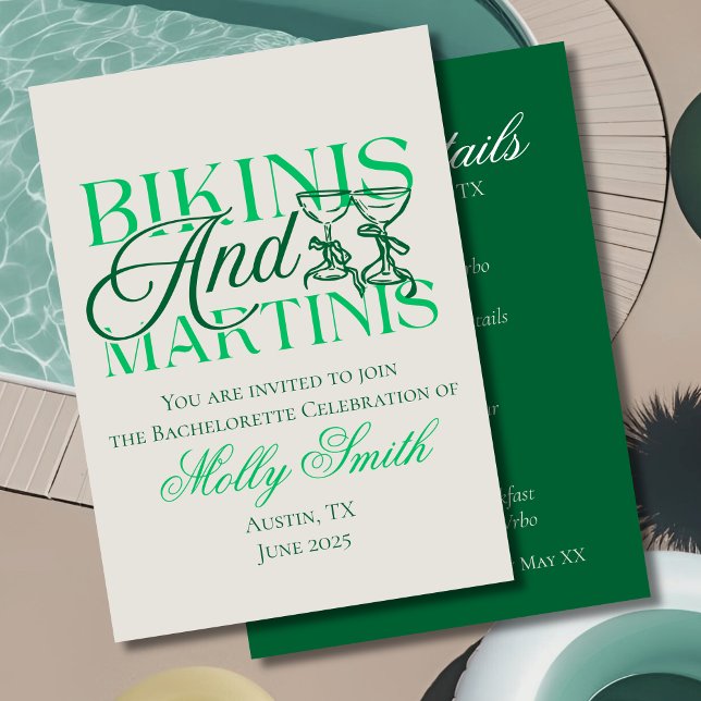 Bikinis und Martinis - Junggeselinnen-Abschied Einladung (Bikinis and Martinis invite with modern bow font – perfect for bachelorette or bridal celebrations!)