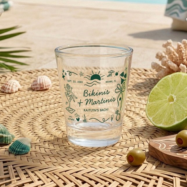 Bikinis und Martinis Strand-Junggesellinnenabschie Schnapsglas (Von Creator hochgeladen)
