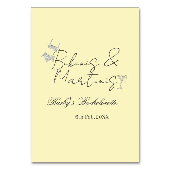 Bikins & Martinis bachelorette party yellow retro Tischnummer (Vorderseite)