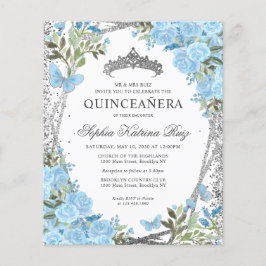 Bilap Floral Dusty Blue Silver Quinceañera Einladu Flyer