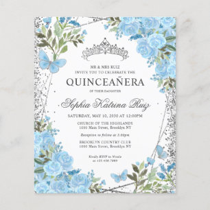 Bilap Floral Dusty Blue Silver Quinceañera Einladu Flyer