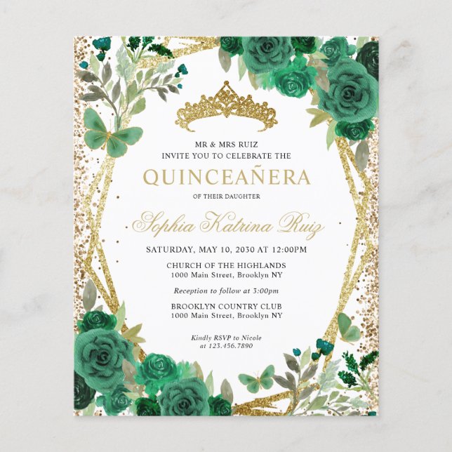 Bilap Floral Green Gold Tiara Quinceañera Einladun Flyer (Vorne)