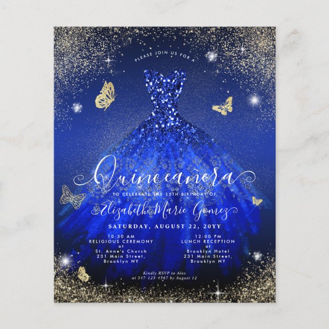 Bilap Royal Blue Gold Gown Quinceanera Einladung Flyer (Vorne)