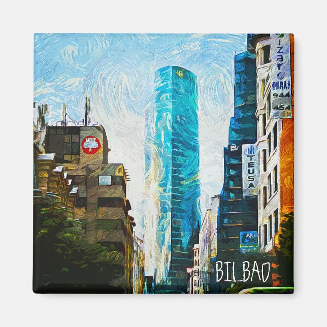 Bilbao Spain Oil Paint Illustration City Magnet (Vorne)