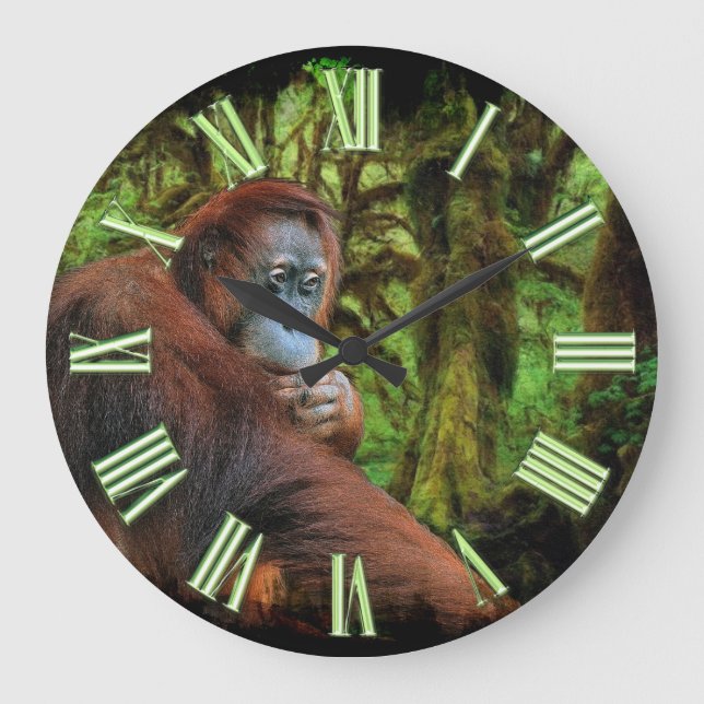 Bild des gefährdeten Orangutan-Primats und Regenwa Große Wanduhr (Vorderseite)