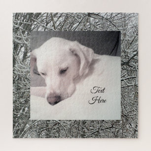 Bild des Niedlichen weißen Hundes mit einem schöne Puzzle