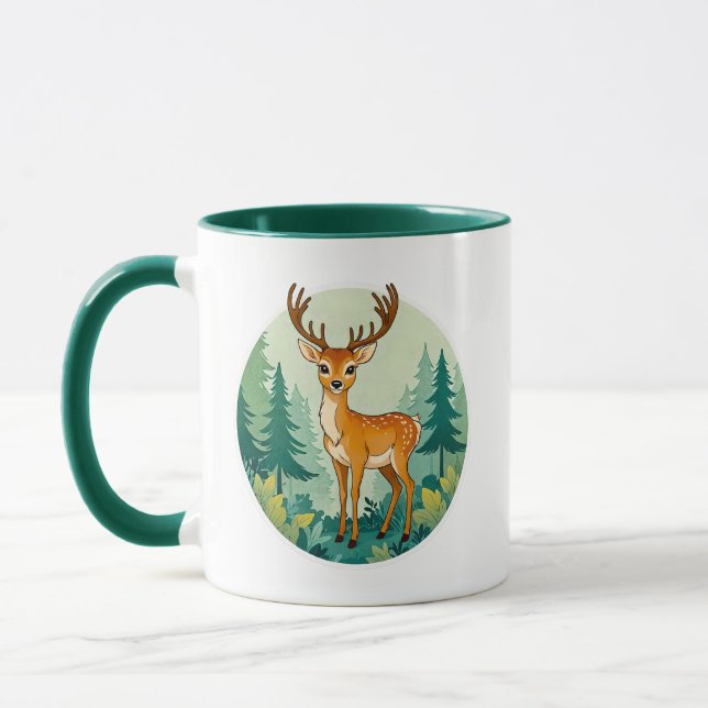 Bild eines Hirschs unter den Tannen. Tasse (Links)