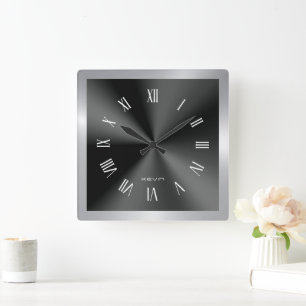 Bild von Schwarz & Silber & Metallischem Edelstahl Quadratische Wanduhr