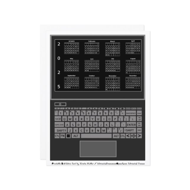 Bildschirm "Notebook und Tastatur 2025"-Kalender (Vorderseite/Rückseite Beispiel)