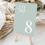 Bildschirmgrün, modern handgeschrieben   Klassisch Tischnummer<br><div class="desc">Einfache und schicke Tischnummer-Karten in Sage Green und Weiß machen eine elegante Aussage bei Ihrer Hochzeit oder Veranstaltung. Das Design enthält "table" in handgeschriebenen Schriftzeichen,  mit der Tischnummer unten rechts in zeitloser Serifentypografie. Design wiederholt sich auf beiden Seiten.</div>