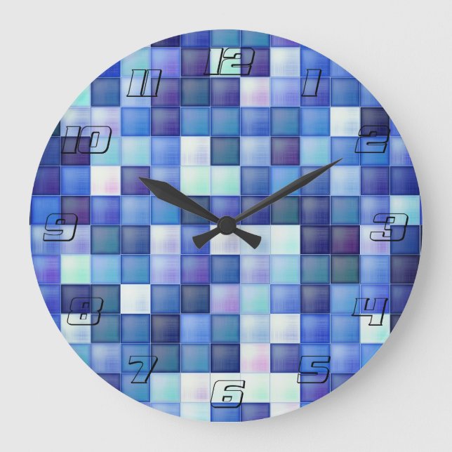 Bildspielpixel blaues Quadrat Muster Große Wanduhr (Vorderseite)