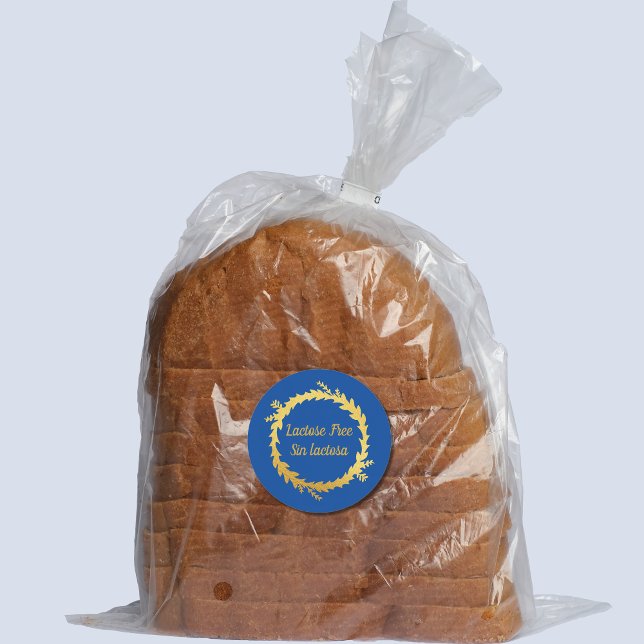 Bilingual Blue Golden Lactose Free - Sin Lactosa Runder Aufkleber (Lactose free blue bilingual round sticker, custm text, Spanish. Multilingual project)