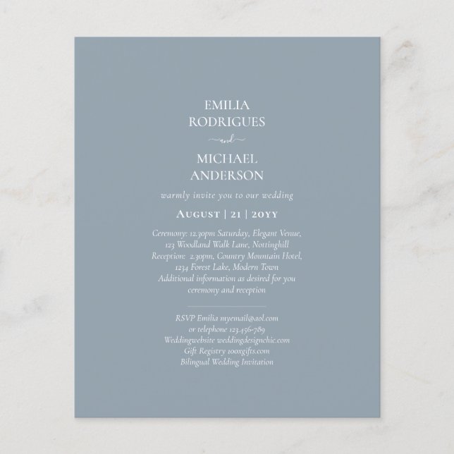 Bilingual Budget Dusty Blue Monochrome Wedding Flyer (Vorne)
