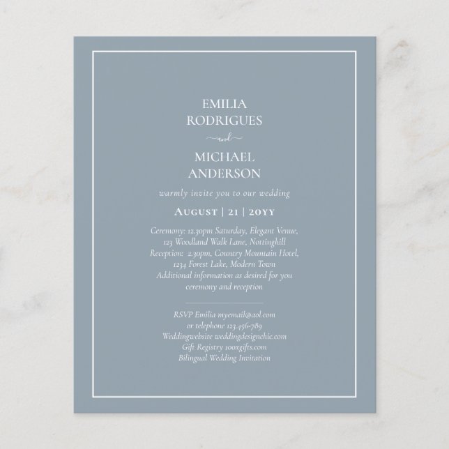 Bilingual Budget Dusty Blue Monochrome Wedding Flyer (Vorne)
