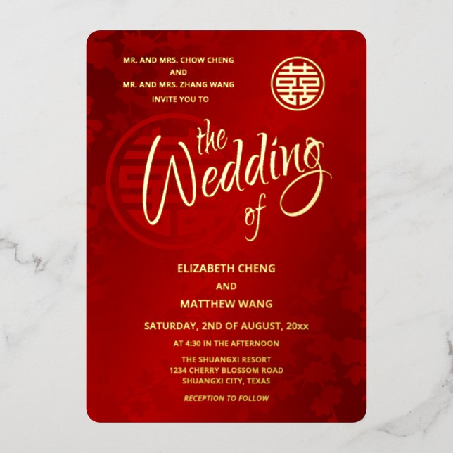 BILINGUAL Calligraphy Red Gold Chinese Wedding Folieneinladung (Vorderseite)