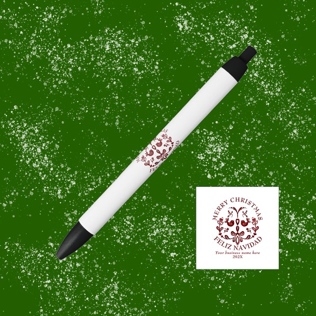 Bilingual Christmas Spanish Burgundy Birds Kugelschreiber (Christmas bilingual promotional  pen, custom text in Spanish. personalized for business)