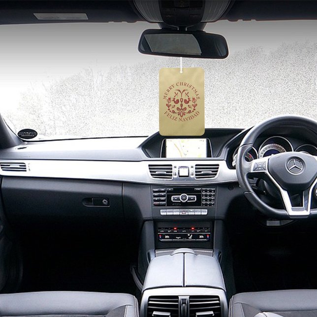 Bilingual Christmas Spanish Gold Burgundy Birds Autolufterfrischer (Bungurdy Birds Christmas Bilingual Spanish Air freshener, custom text. Multilingual Project)