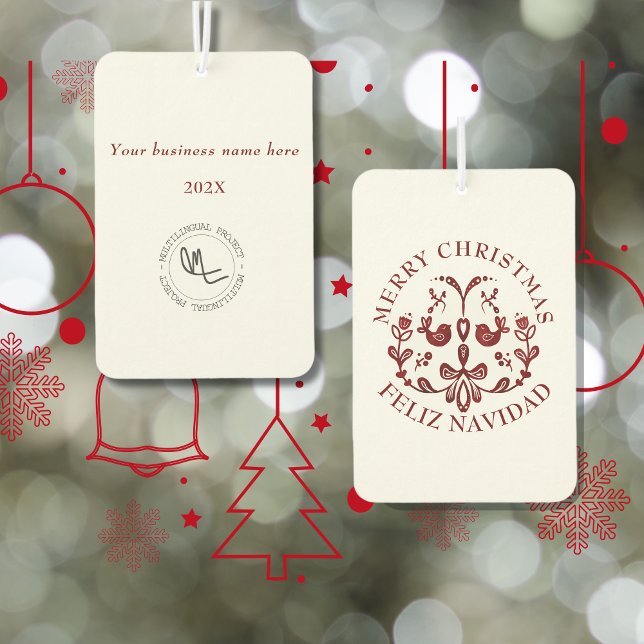 Bilingual Christmas Spanish Text Burgundy Birds Autolufterfrischer (Christmas business bilingual air freshener, custom text & language. Marketing. Multilingual Project)