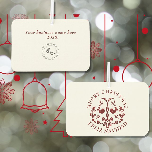Bilingual Christmas Spanish Text Burgundy Birds Autolufterfrischer (Christmas business bilingual air freshener. Custom Spanish. Small business marketing Multilingual )