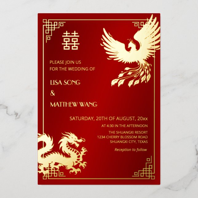 BILINGUAL Dragon And Phoenix  | Chinese Wedding Folieneinladung (Vorderseite)