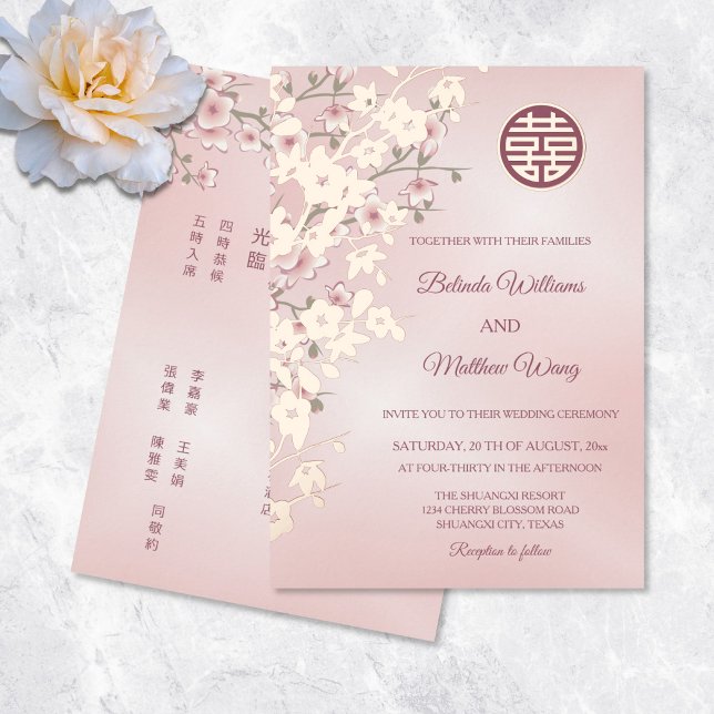 BILINGUAL | Dusty Pink Rose Chinesische Hochzeit Folieneinladung (Von Creator hochgeladen)