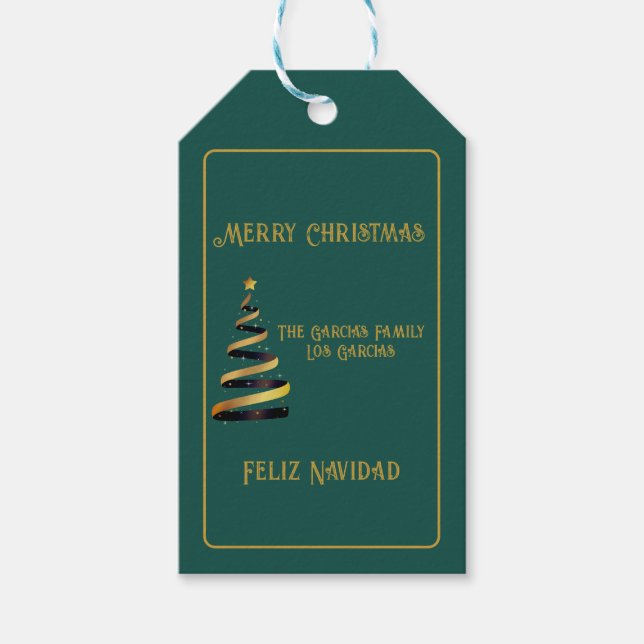 Bilingual Feliz Navidad Christmas Green Golden Geschenkanhänger (Vorderseite)