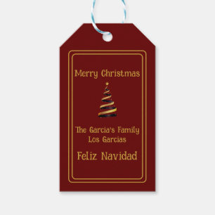 Bilingual Feliz Navidad Christmas Red und Golden Geschenkanhänger