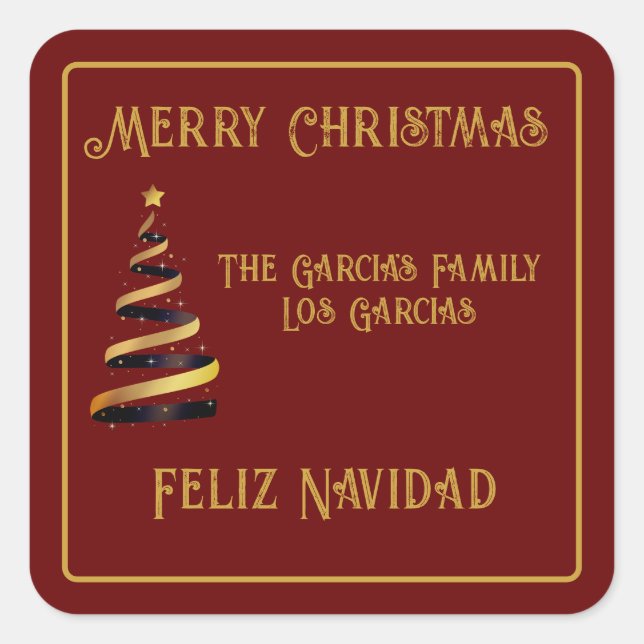 Bilingual Feliz Navidad Christmas Red und Golden Quadratischer Aufkleber (Vorderseite)