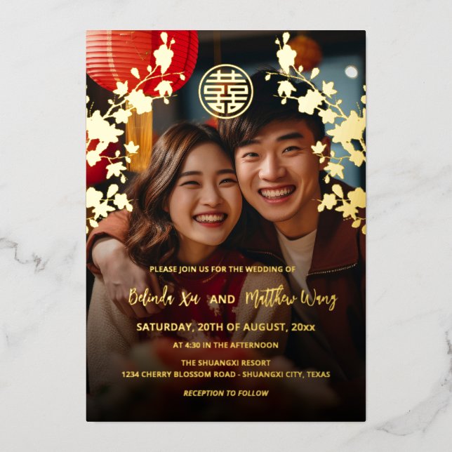 BILINGUAL Foto Red Gold Chinesisch Hochzeit Folieneinladung (Vorderseite)