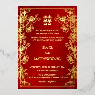  BILINGUAL Gold Frame Red Chinese Wedding Folieneinladung
