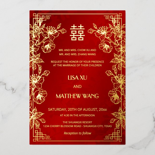  BILINGUAL Gold Frame Red Chinese Wedding Folieneinladung (Vorderseite)
