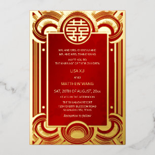 BILINGUAL Gold Frame Red Chinese Wedding Folieneinladung