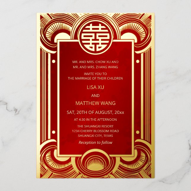 BILINGUAL Gold Frame Red Chinese Wedding Folieneinladung (Vorderseite)
