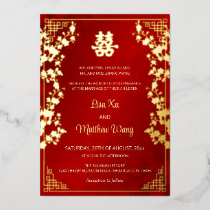 BILINGUAL Gold Frame Red Chinese Wedding Folieneinladung